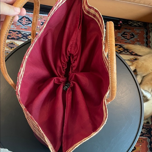 OOAK Gingham raffia and genuine leather giant Red and Tan Checkered Tote Bag - Picture 2 of 13